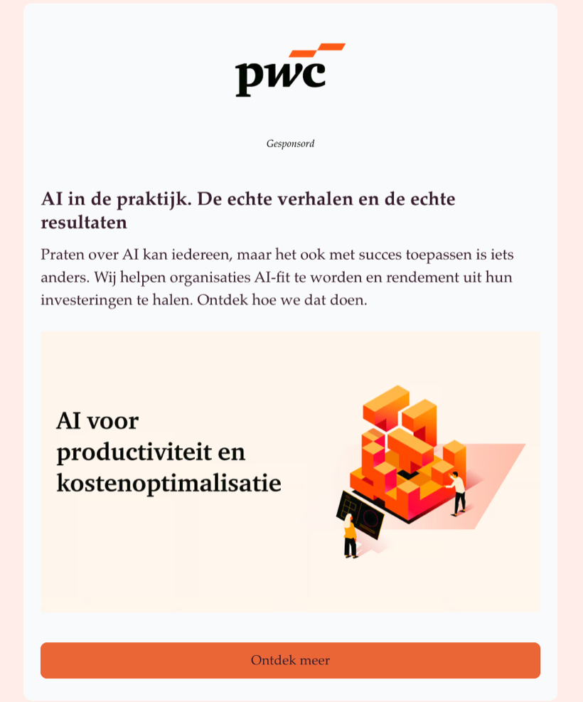 Voorbeeld van een gesponsord blok in de AI Report-nieuwsbrief (PwC)